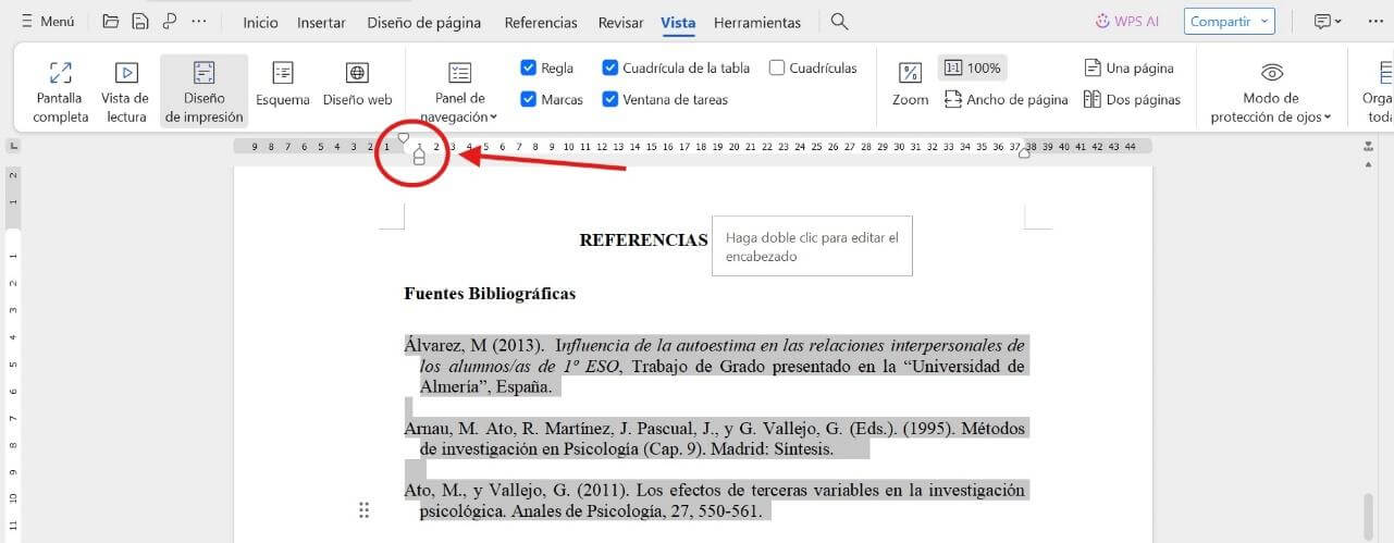 Mover triángulo inferior para añadir sangría francesa en WPS Office