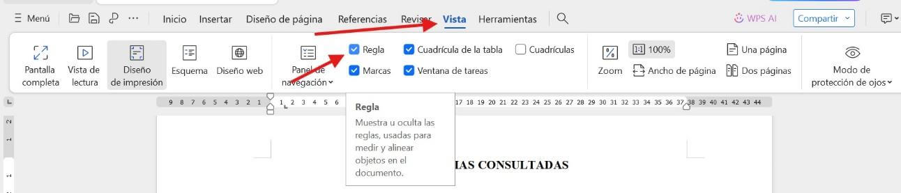 Opción de regla de WPS Office