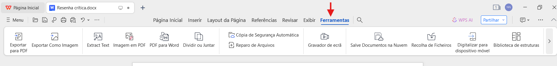 Barra superior de funções do WPS Office