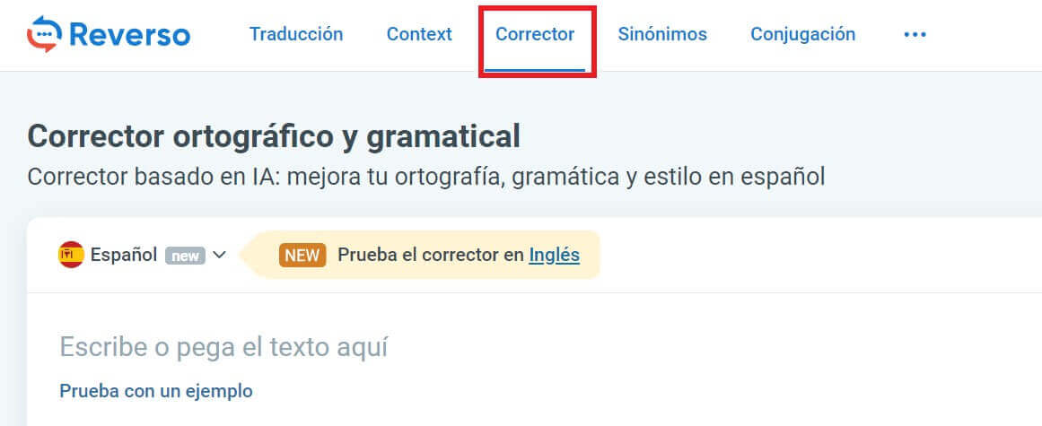 “Escoger corrector en Reverso”