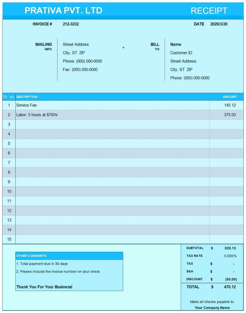 Plantilla de Recibo Azul