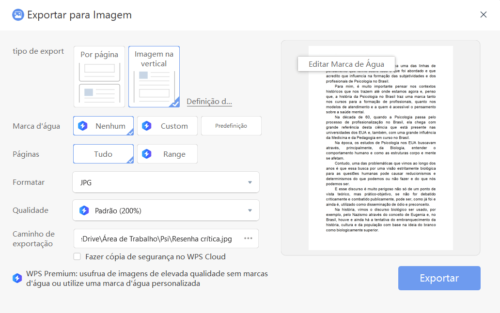 Tela de configuração para converter Word em JPG no WPS Office
