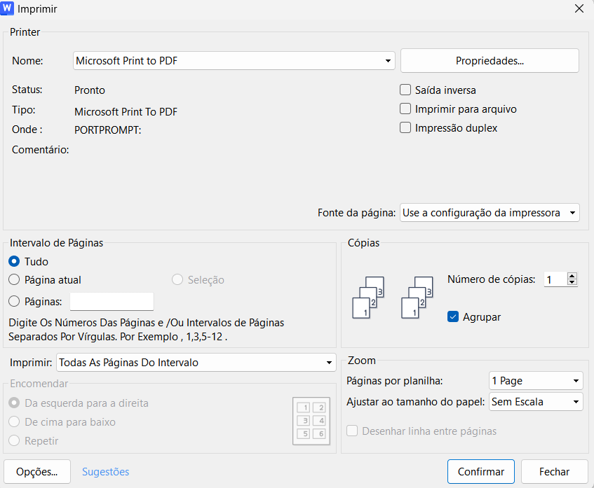 Tela de configuração da impressão