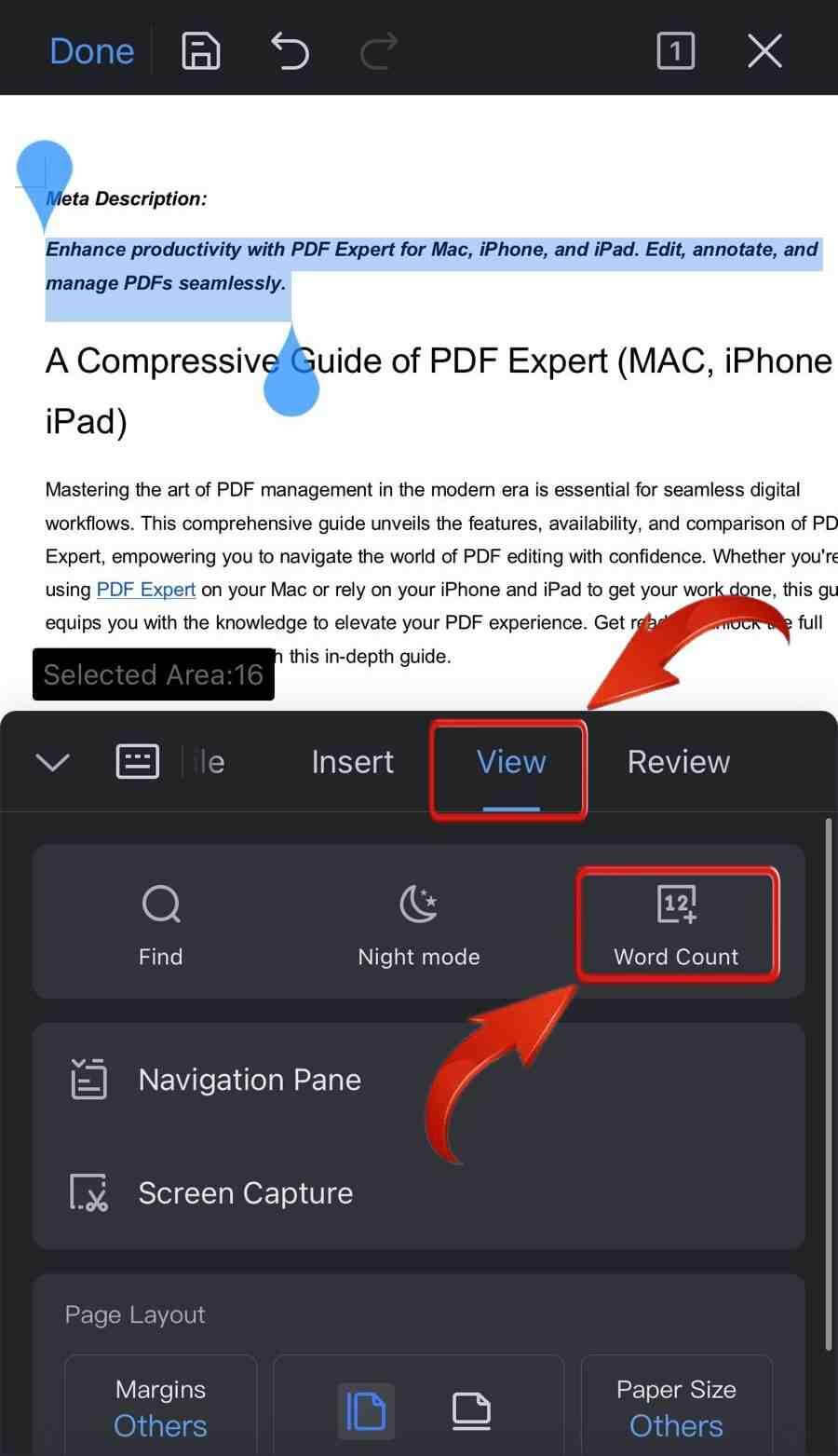 Recurso de Contagem de Palavras do WPS Office Mobile