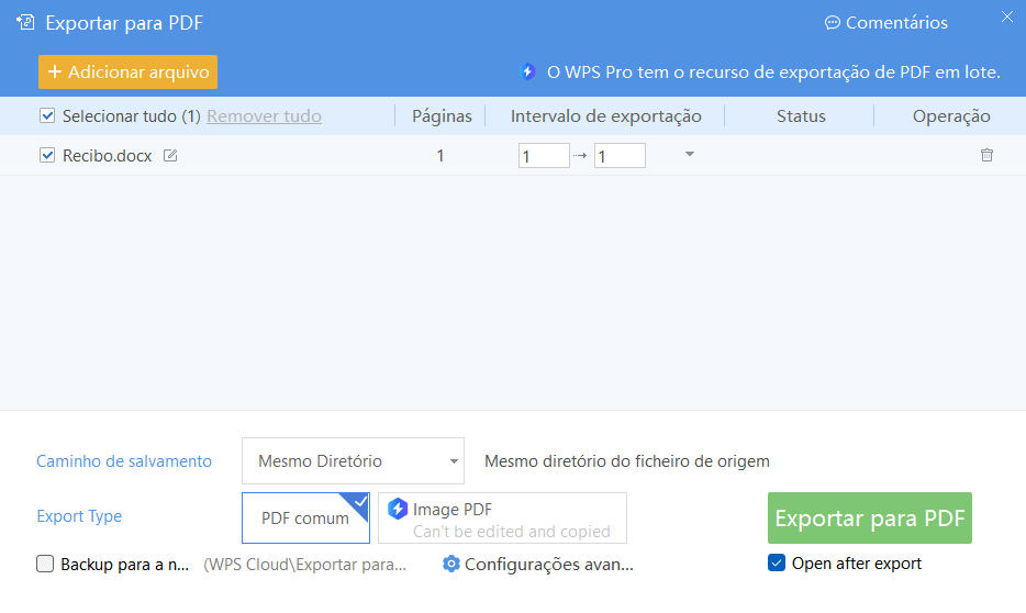 Tela para salvar o recibo em PDF no WPS Office