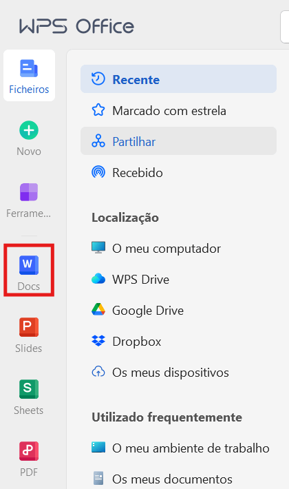 Barra lateral inicial do WPS Office