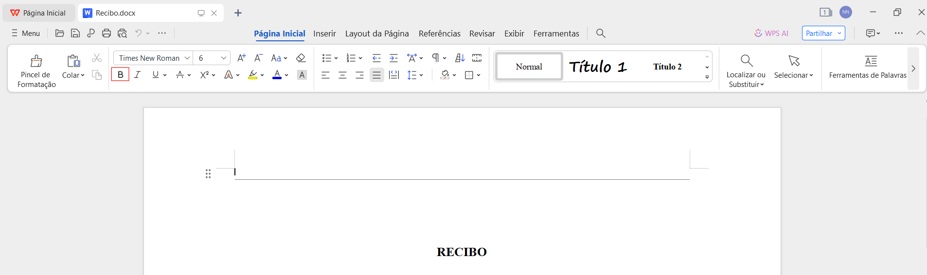 Título do recibo no WPS Office