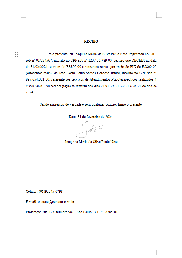 Recibo com o texto descritivo