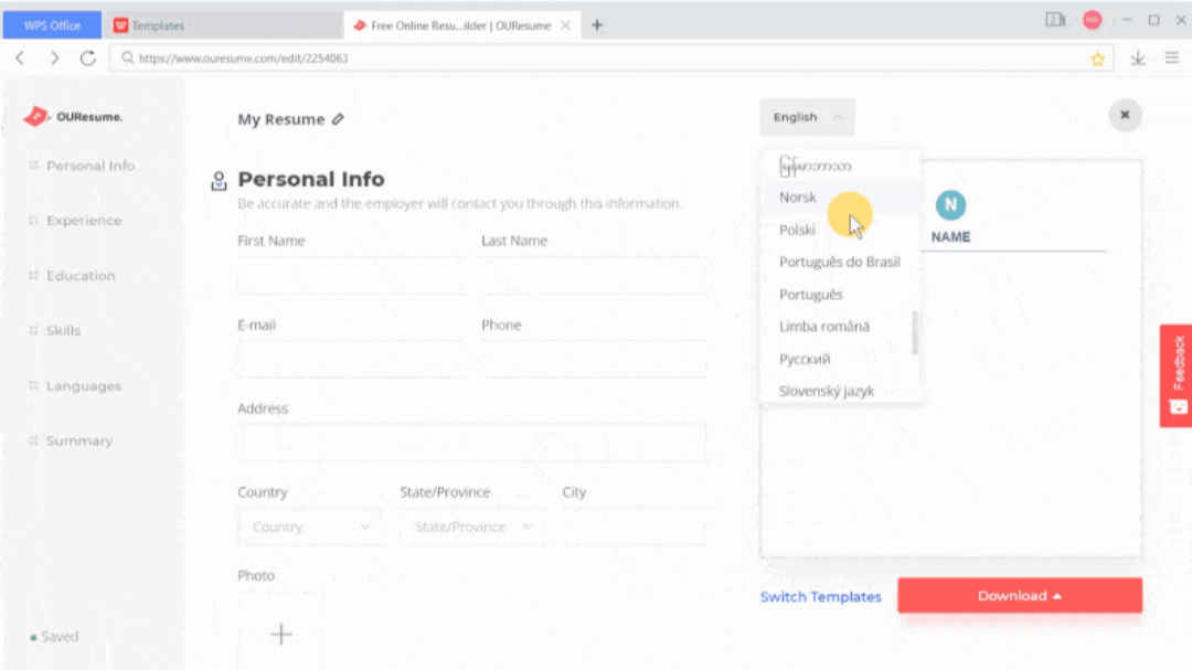 alterando o idioma e preenchendo as informações no Resume Master