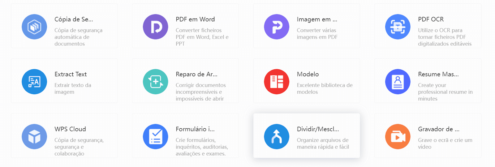 tela de ferramentas do WPS