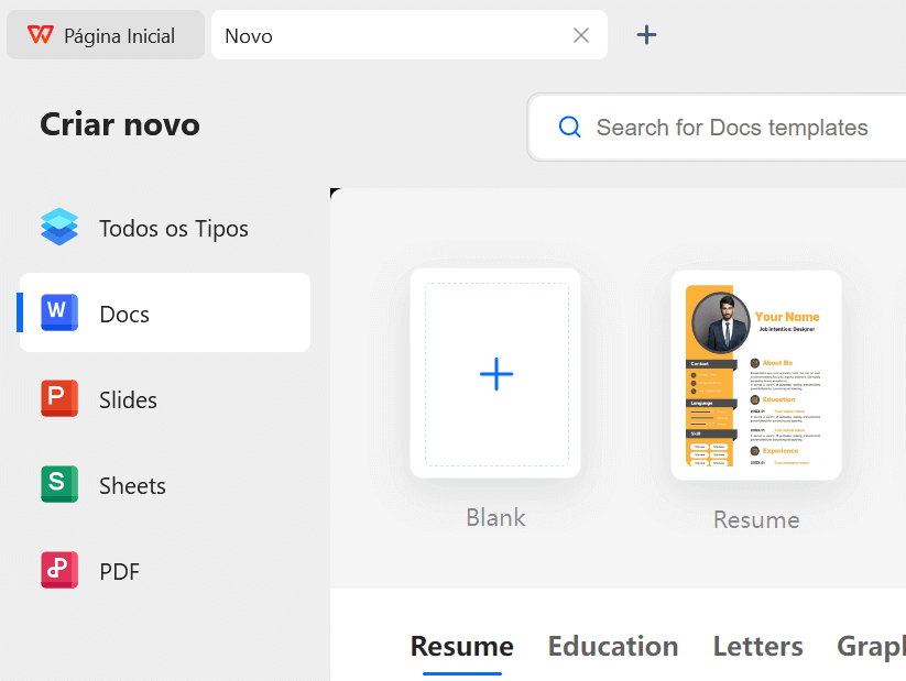 como abrir os modelos de currículo no WPS Office