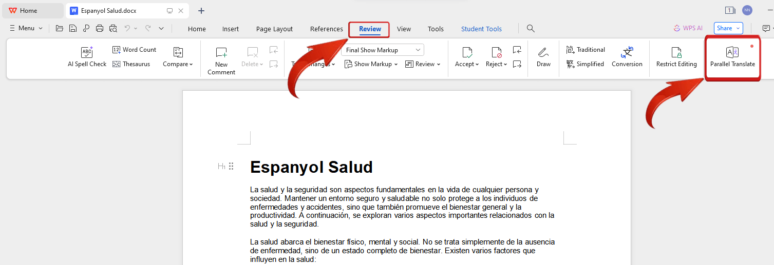 Opção de Tradução Paralela no Escritor do WPS Office