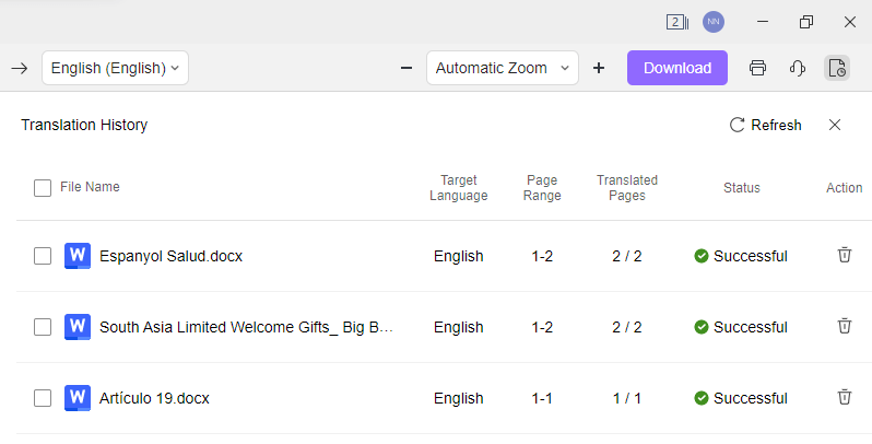 Histórico de Tradução Paralela no Escritor do WPS Office