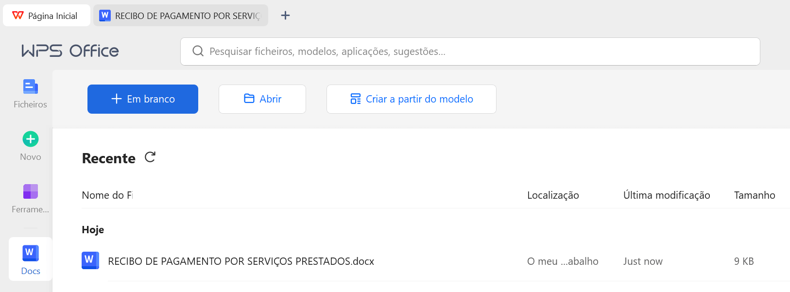 tela inicial do WPS Office com um recibo