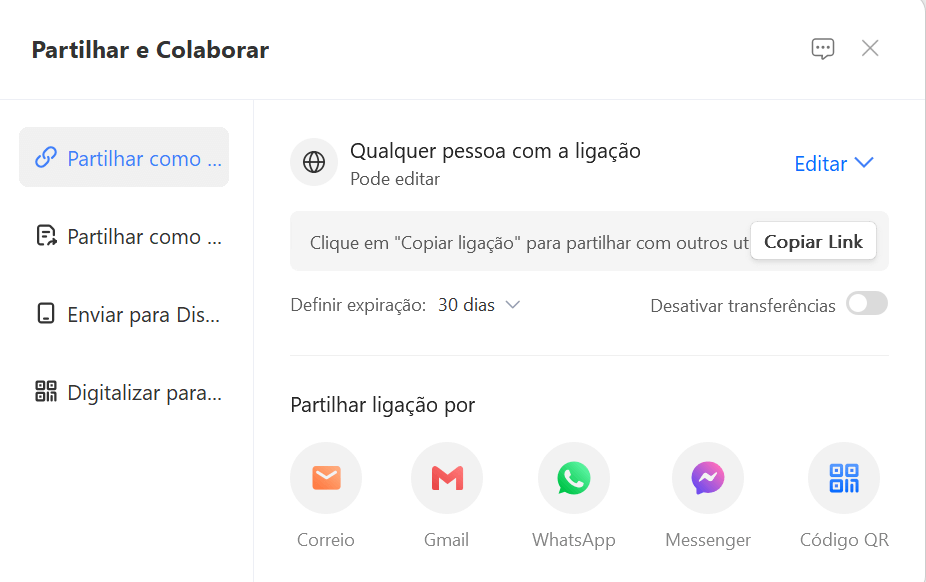 tela de compartilhamento de arquivos no WPS Office