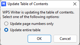 Table of contents inserted in WPS Writer document