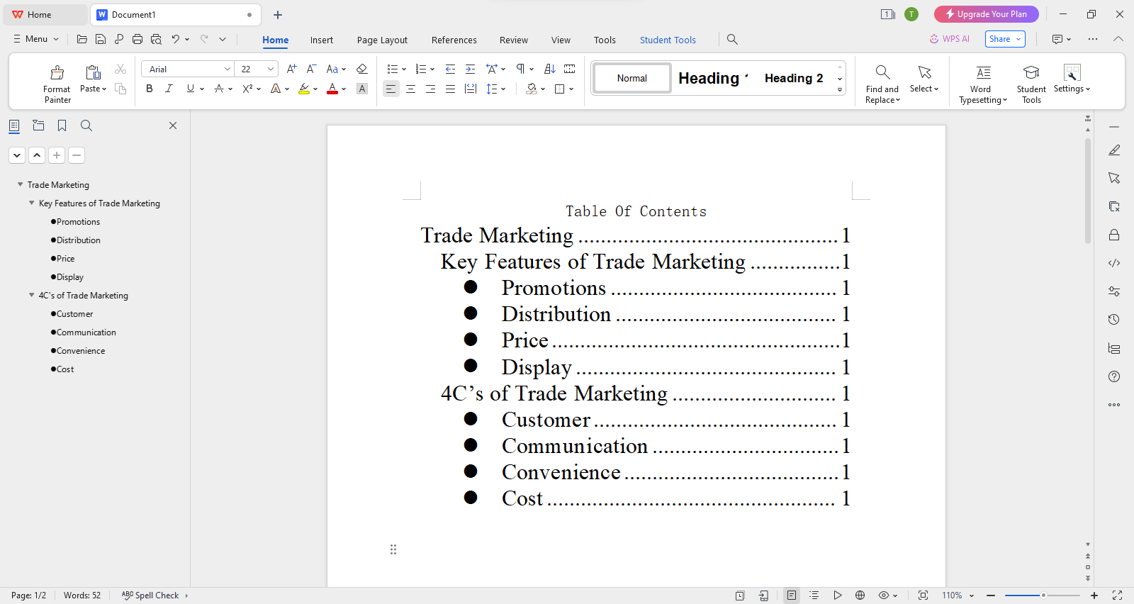 WPS Writer References tab showing Table of Contents menu