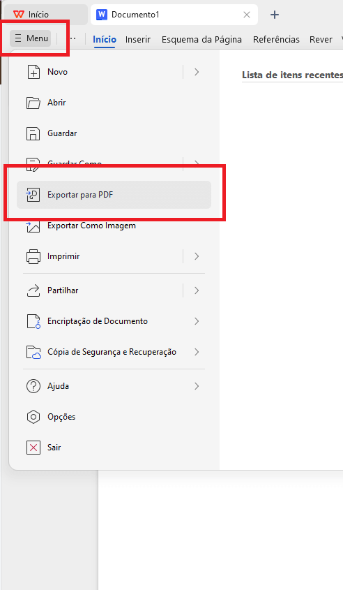 Opção de Exportar para PDF do Escritor do WPS Office