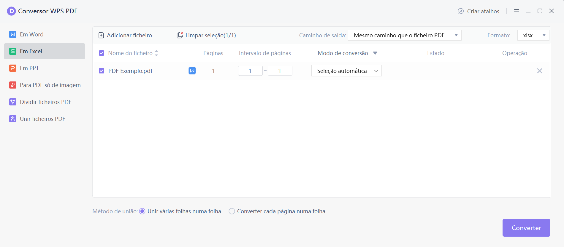 configurações da conversão