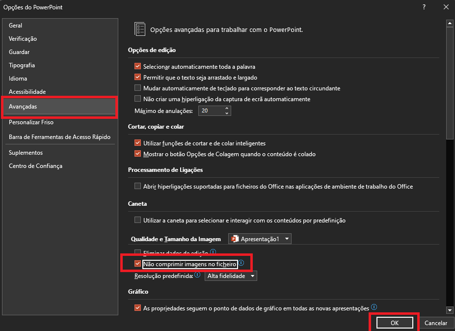 Microsoft PowerPoint desativar compressão de imagem