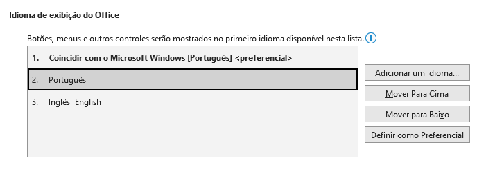 Idioma de exibição do Office