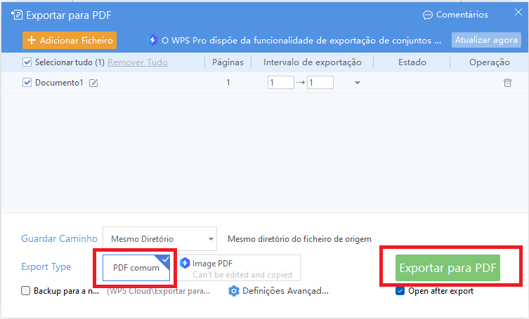 Opção de Exportar para PDF do Escritor do WPS Office