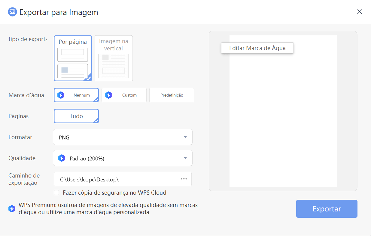 tela de exportação de PDF para imagem do WPS
