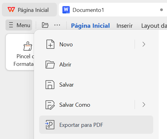 menu do WPS Office