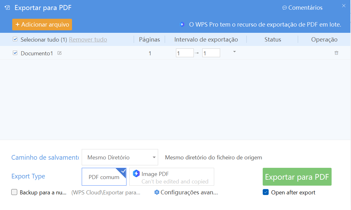 tela de exportação para PDF no WPS Office