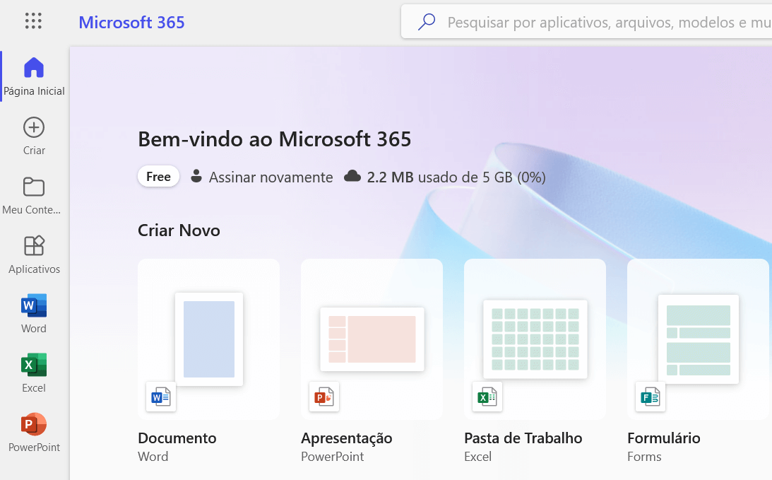 tela inicial do Microsoft 365