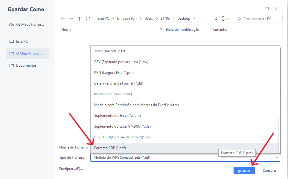 escolha o formato PDF