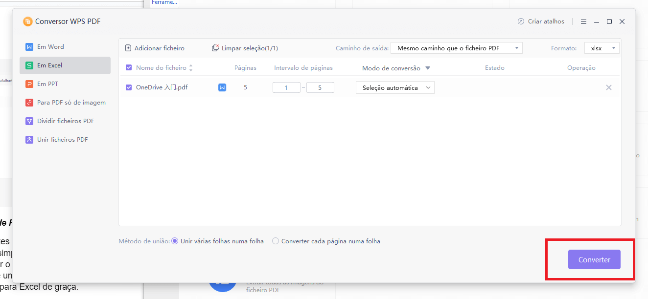 Converter PDF para Excel usando o Conversor de PDF do WPS