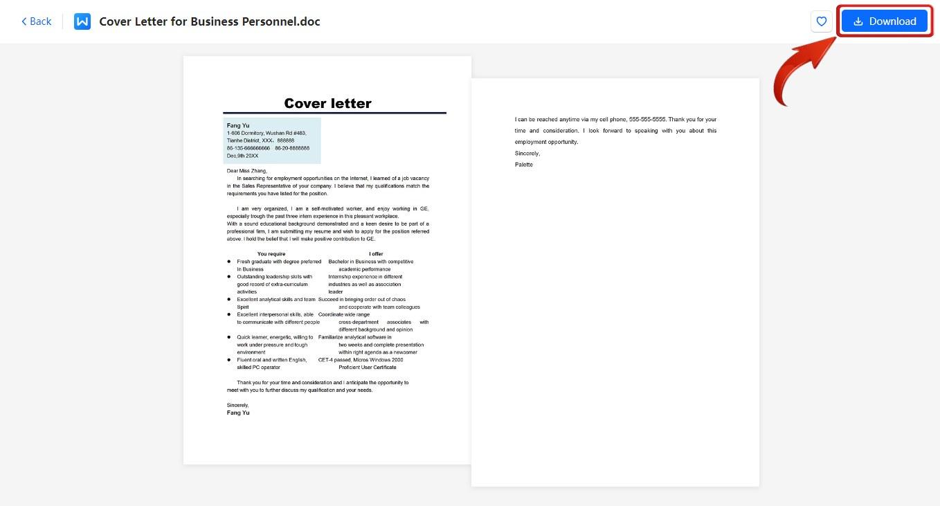 Download cover letter template in WPS Office