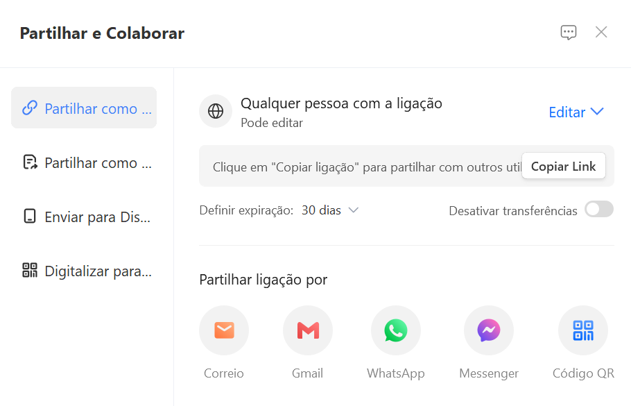 janela de compartilhamento de PDFs no WPS