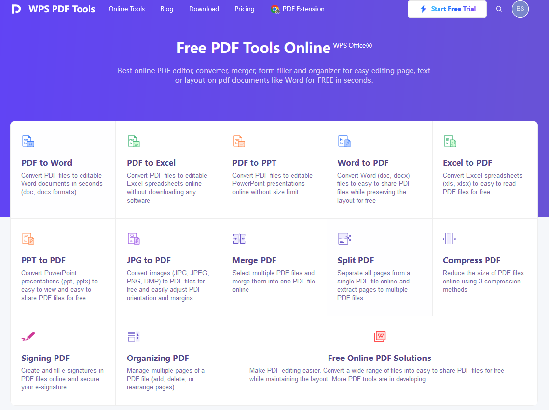 ferramentas gratuitas online para editar PDF do WPS