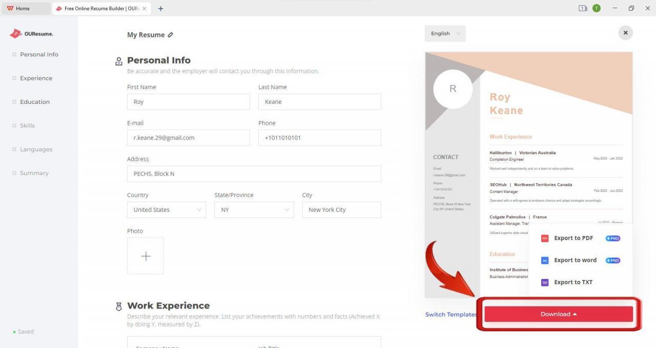 Descargar el currículum desde WPS Office