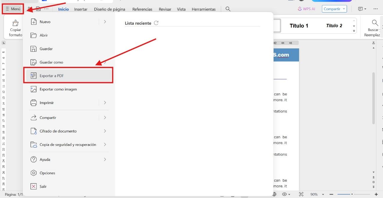 Opción Exportar a PDF de WPS Office