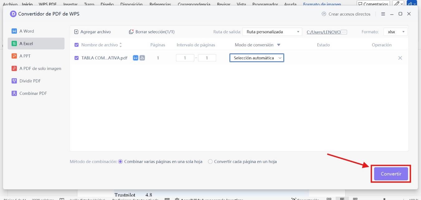 Convertir PDF a Excel utilizando el Convertidor PDF de WPS