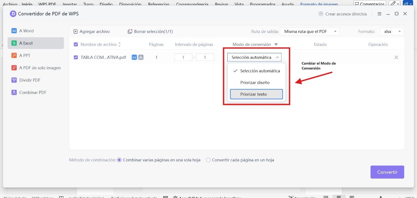 Cambiar el modo de conversión