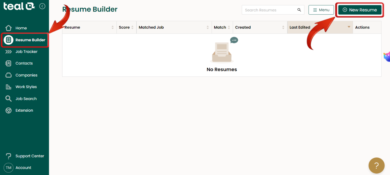 Pestaña Resume Builder de Teal