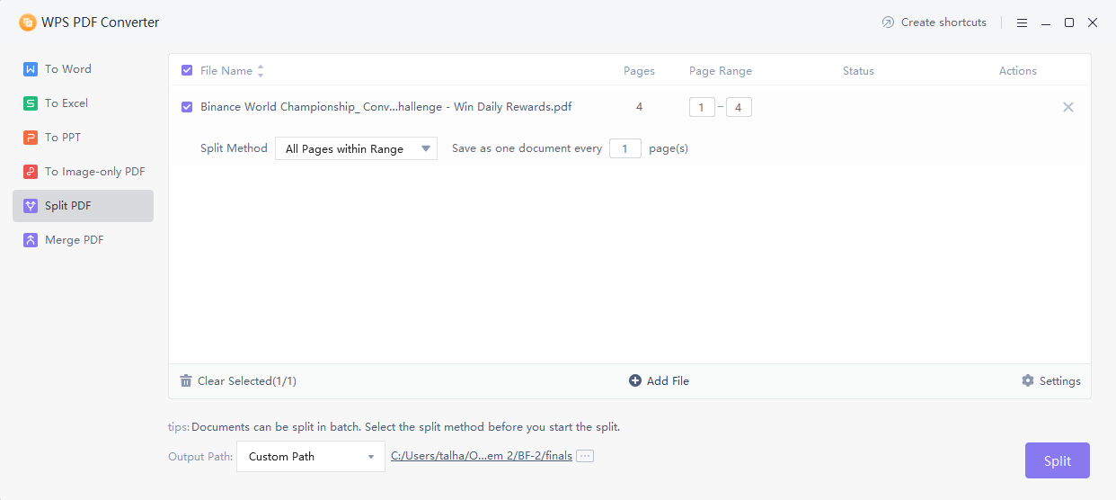 Herramienta para dividir y combinar PDF de WPS