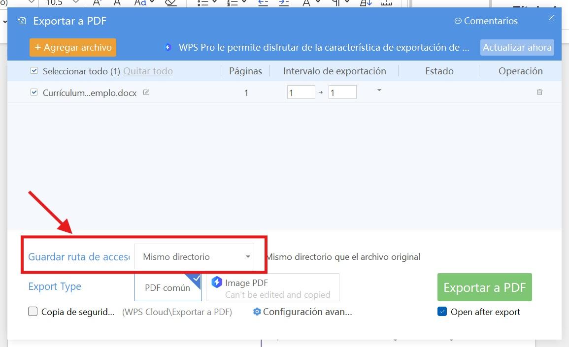 Cambiar la ruta del archivo de salida