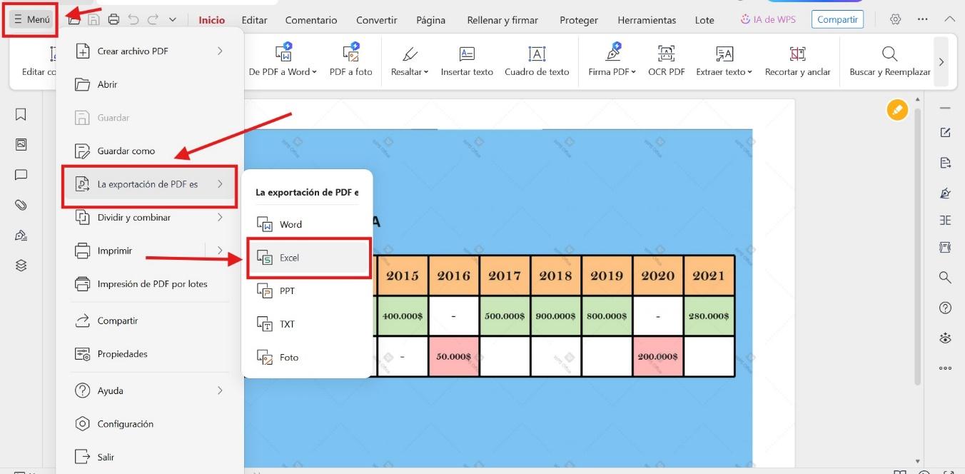 Exportar PDF a Hoja de Cálculo Excel