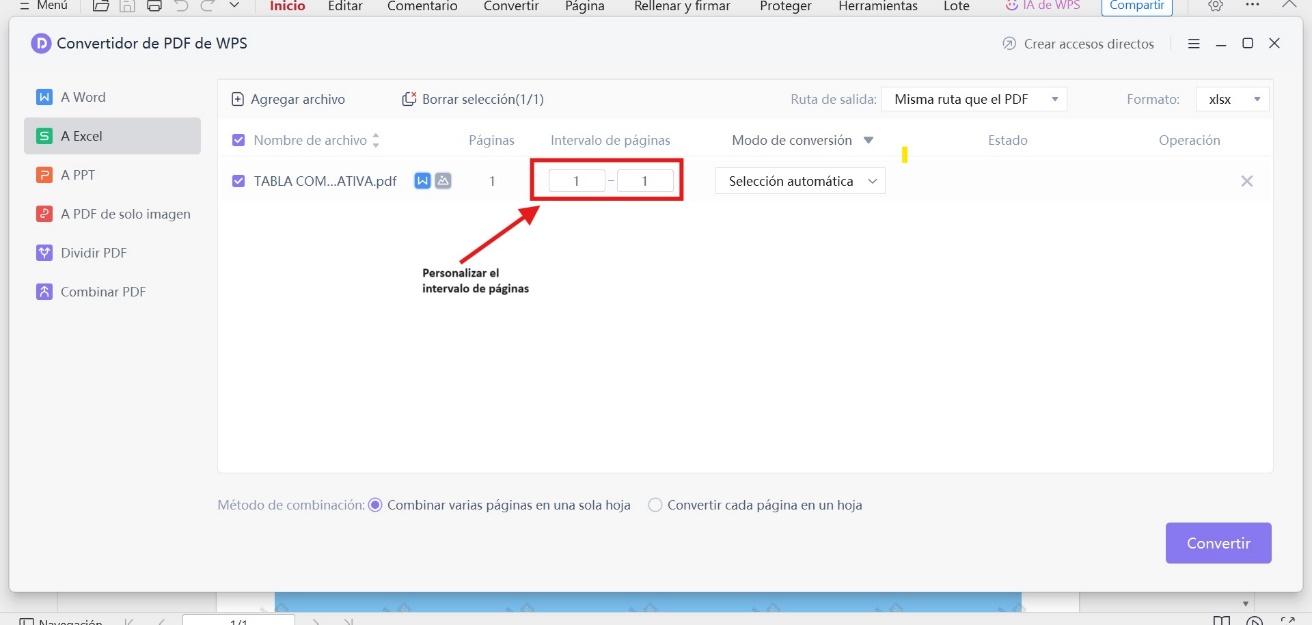 Intervalo de páginas personalizado para convertir