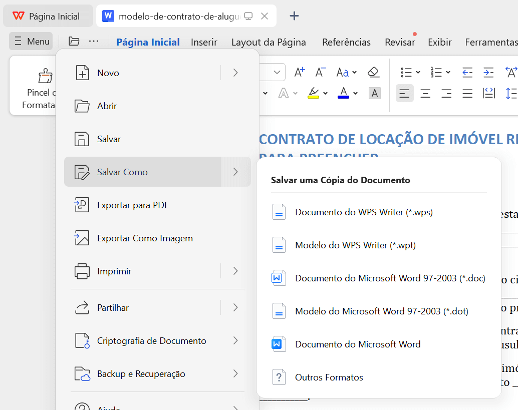 salvando o contrato de aluguel no WPS Office