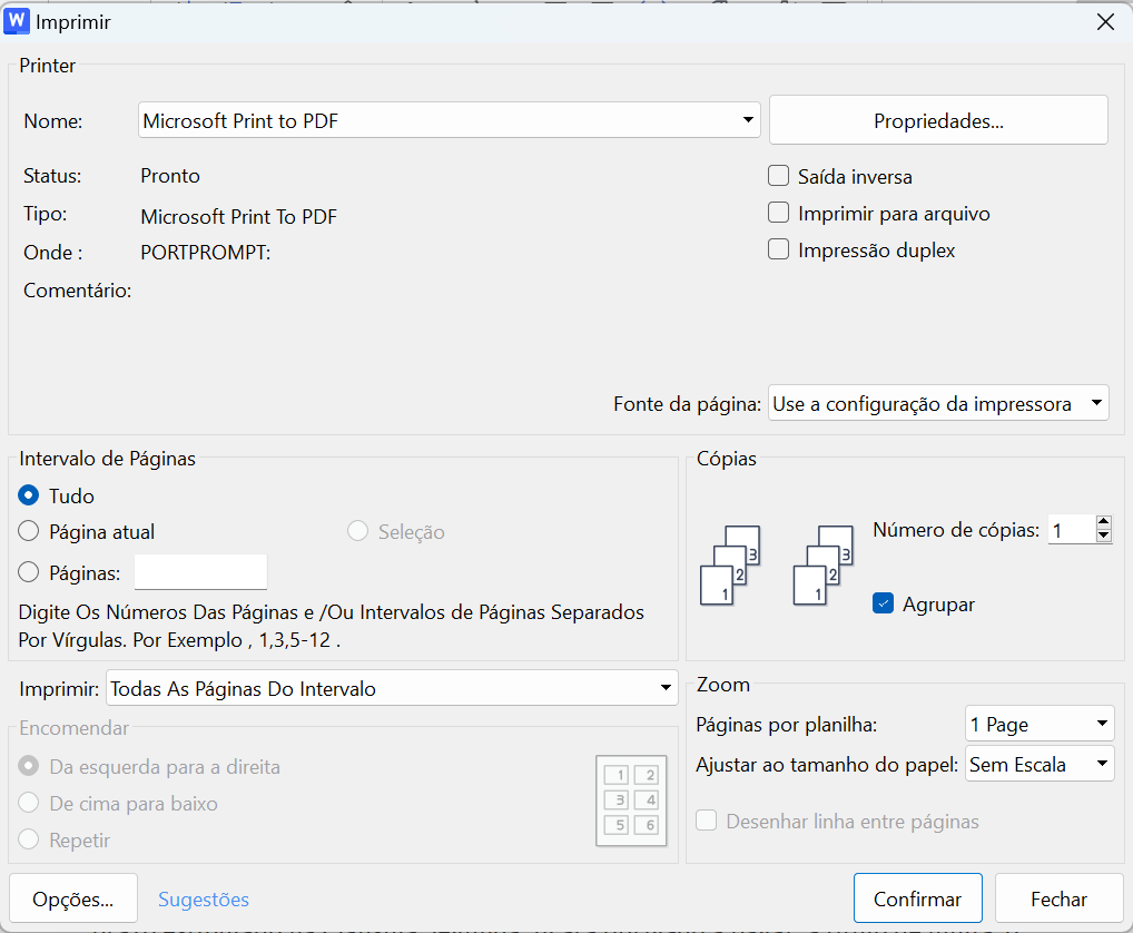página de configurações de impressão
