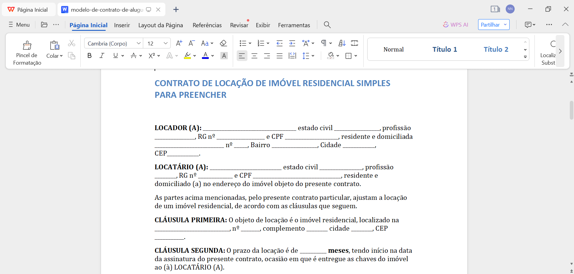 contrato de aluguel no WPS Office