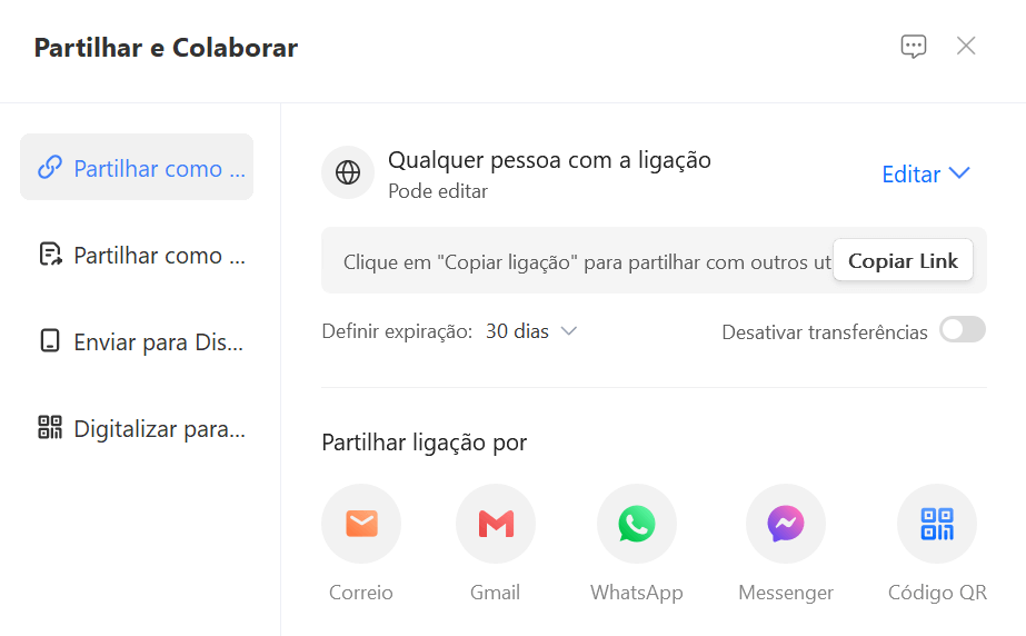 configurações de compartilhamento de documentos no WPS Office