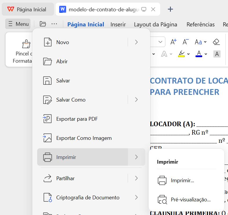 botão de imprimir no WPS Office
