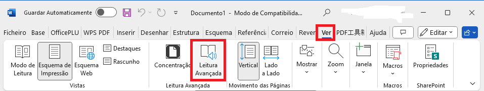 Barra de ferramentas no Word 2021 para Mac na aba Exibir